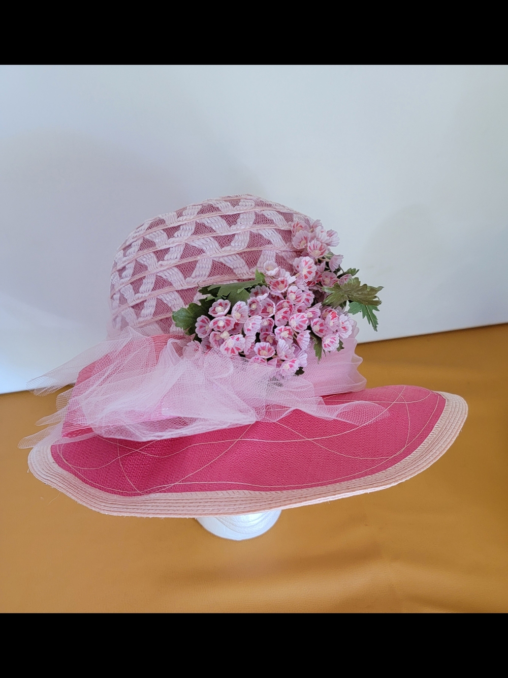 Chic Pink Floral Wide-Brim Hat with Tulle Accent